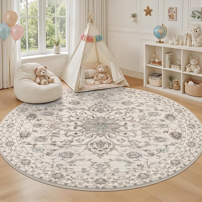 Round Area Rug for Living Room: 4 ft Washable Vintage Boho Soft Thin Circle Rug Indoor Floor No Slip Stain Resistant Carpet for Bedroom Dining Room Farmhouse Nursery Home Office - Brown Beige