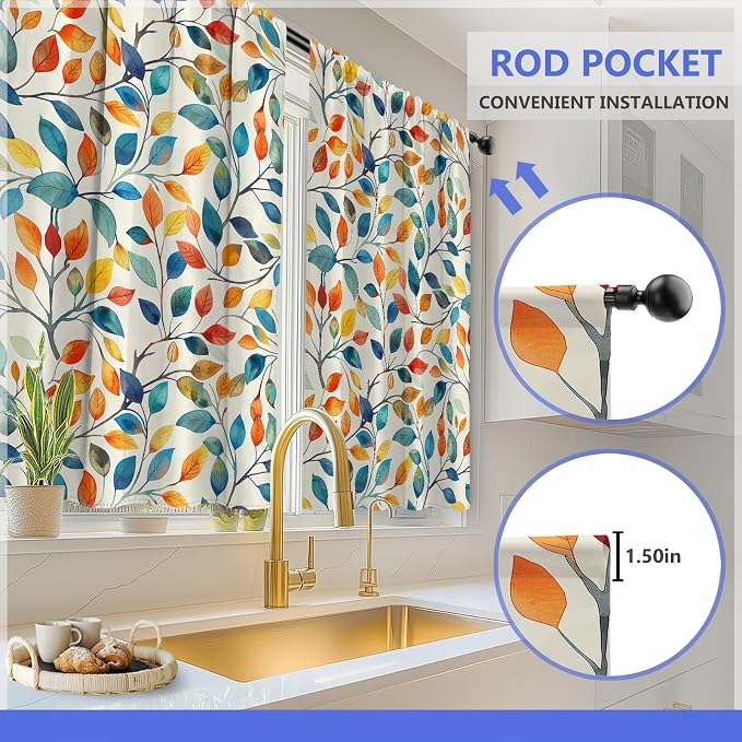 Aimego Colorful Leaves Kitchen Curtains - Floral Spring Botanical Tier Cafe Curtains Farmhouse Country Small Window for Bathroom Living RV Rod Pocket Window Drapes 24 Inch 2 Panels Set 28"x24"