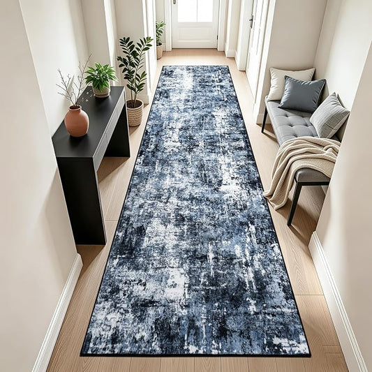 Rugflix 3x10 Runner Rug for Hallway, Washable Navy Blue Long Runners | Machine Washable; Stain-resistant; Low Pile; Non-slip; Modern Abstract; Black Carpet for Entrance Kitchen Hallway Home