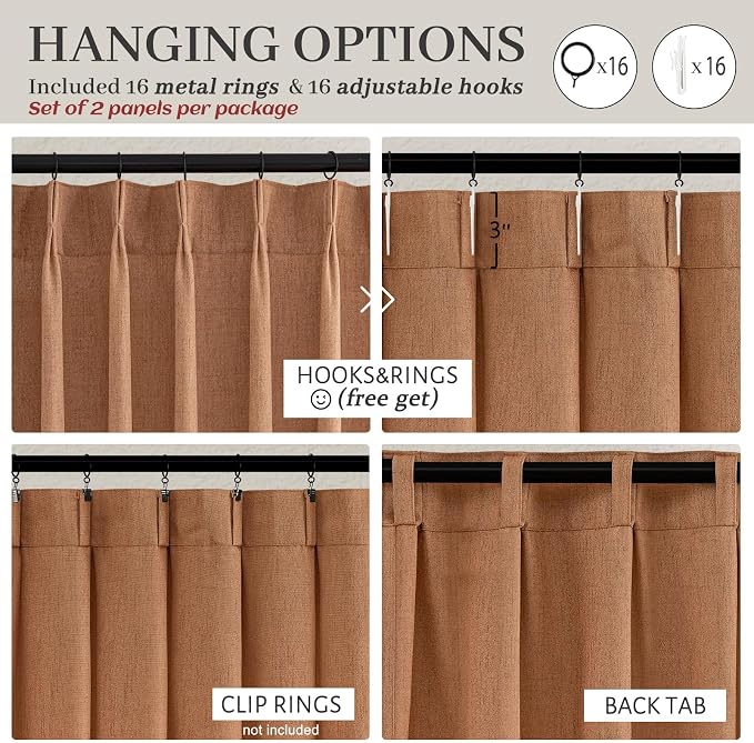 PleatedDrapes Terracotta Linen Curtains 102 Inches Long for Living Room 2 Panels Set, Western Fall Window Light Filtering Boho Curtains Pinch Pleated Track & Back Tab Rust Dark Orange Semi Sheer