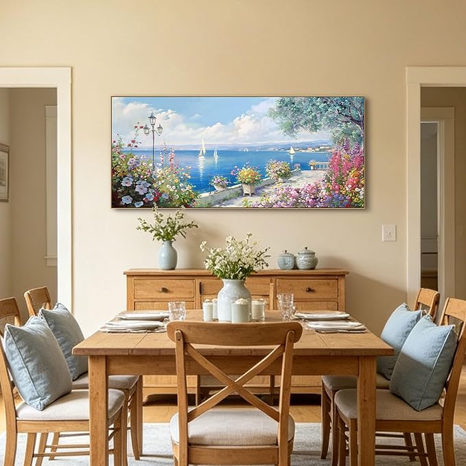 Oversized French Coastal Flower Sailboat Canvas Wall Art Framed Pastel | Mediterranean Seaside Landscape Painting Large Wide Wall Decor For Spacious Living Room Master Bedroom Open Dining Room 70x31