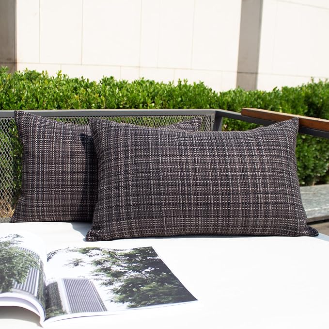 Kevin Textile Outdoor Waterproof Throw Pillow Covers 12x24 Inch Pack of 2 Woven Faux Linen Farmhouse Decorative Water Resistant Lumbar Cushion Covers for Tent Patio Garden Couch Sofa Black