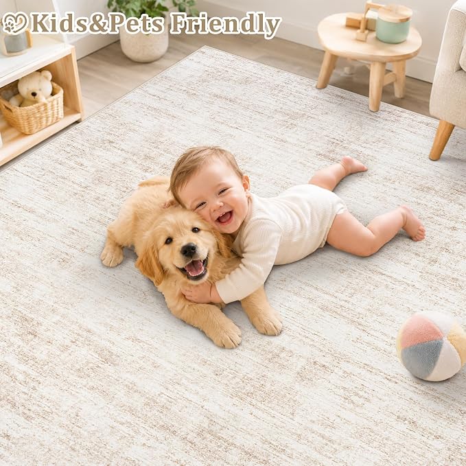 8x10 Area Rugs for Living Room Washable Rugs Neutral Abstract Large Rug Soft Modern Carpet Non-Slip Stain Resistant Low Pile Rug for Bedroom Dining Room Nursery Home Office Under Table Area Rug Beige