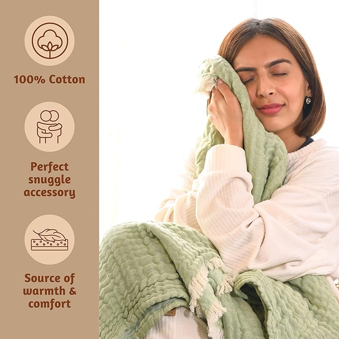Folkulture 100% Cotton Boho Throw Blanket, 50" X 60", Green and Sage Green