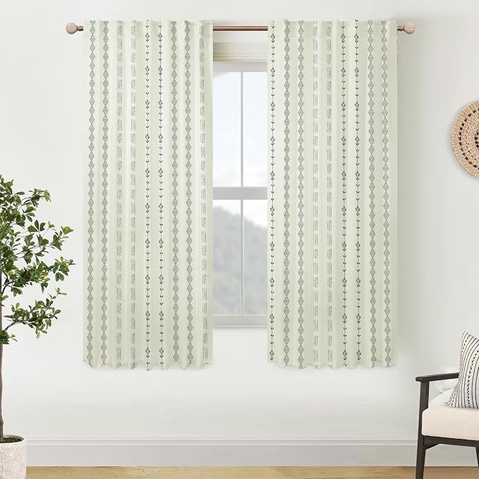 Cream Boho Curtains 63 Inch Length 2 Panels Set, Geometric Pattern Curtains for Bedroom Living Room