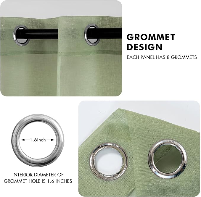 MIULEE 2 Panels Sage Green Semi Sheer Window Curtains Spring Elegant Grommet Top Window Voile Drapes/Treatment Linen Textured Light Green Panels for Bedroom Living Room (54X96 Inches)
