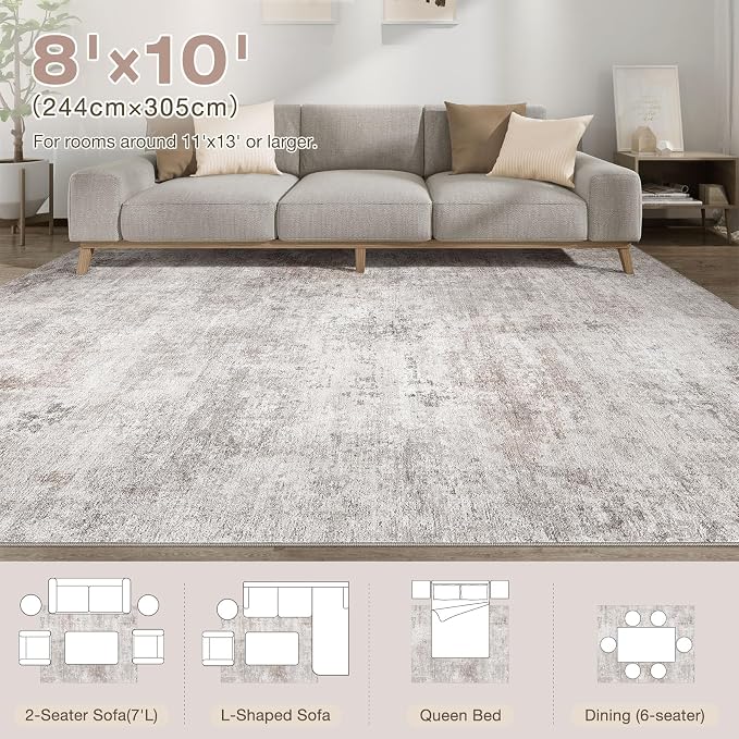 Abstract 8x10 Area Rug: Machine Washable Non Slip Ultra Thin Low-Pile Carpet, Soft Stain Resistant for Living Dining Room Bedroom, Kid Pet Friendly, Robot Vacuum Compatible - Brown Grey