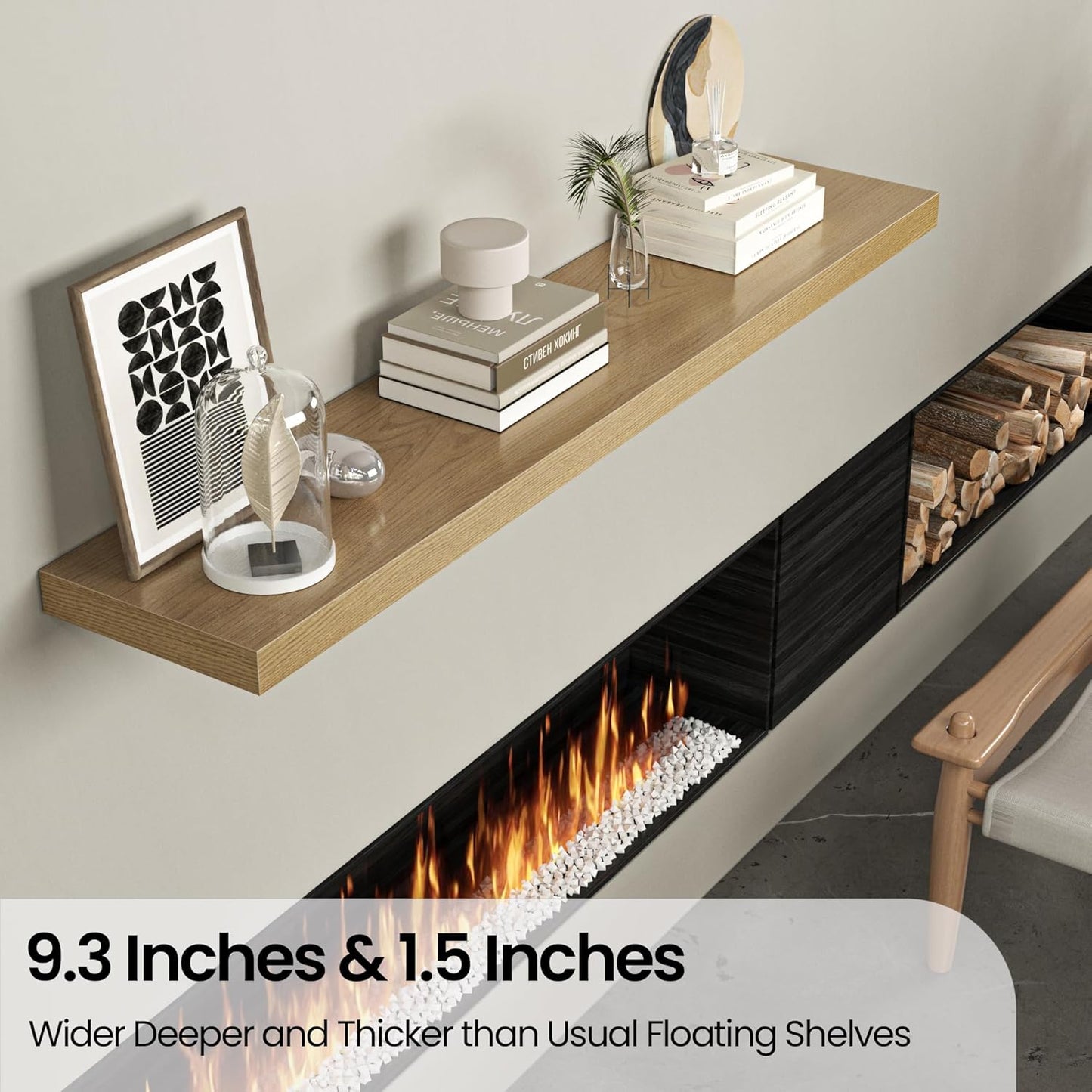 Floating Shelves for Wall, 55"W x 9.3"D x 1.5"H, Long Wooden Wall Mounted Display Shelves with Invisible Brackets for Living Room, Bedroom, Bathroom, Kitchen Decor and Storage, Set of 1, Oak