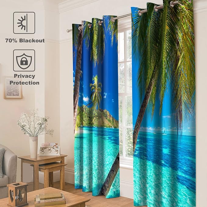 Jekeno Ocean Palm Tree Blackout Curtains Tropical Beach Theme Clear Sea Island View Seaside Scenery Print Grommet Window Drapes Decor for Bedroom Living Room Blue 2 Panel Set, 42"x54"