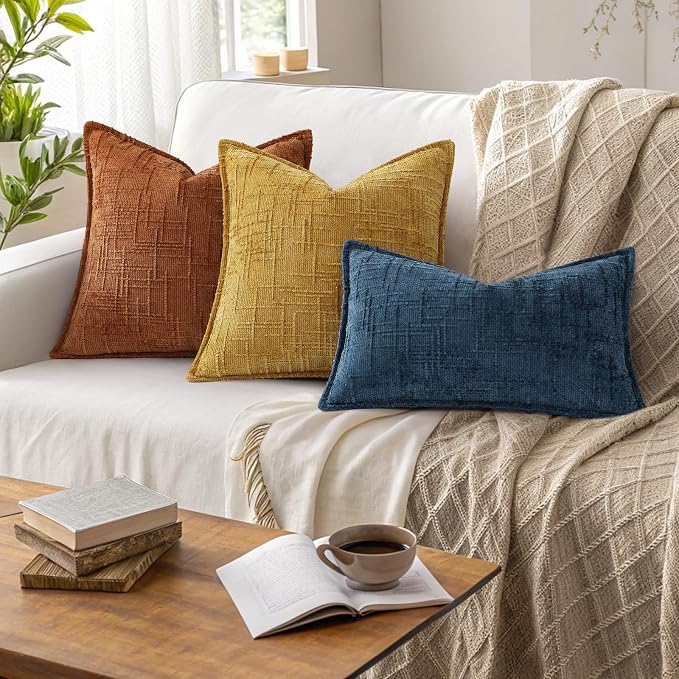 decorUhome Chenille Fall Throw Pillow Covers 26x26 Set of 2, Soft Textured Slubby Modern Decorative Pillow Covers with Elegant Design for Couch, Sofa, Living Room, Rust
