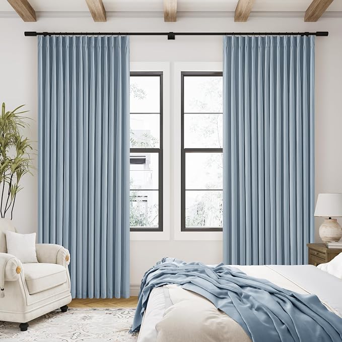 Dusty Blue Pinch Pleated 100% Blackout Linen Curtains for Bedroom 84 Inch Length Room Darkening with Liner Light Blue Window Curtains 84 Inches Long for Living Room Black Out Pleat Drapes Back Tab
