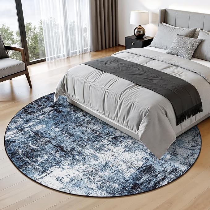 Rugflix Round Area Rugs 6Ft for Living Room, Washable Circle Rug Stain-Resistant Low Pile, Modern Dark Carpet for Bedroom Dining Room Home Office Kid Nursery Room, Navy Blue/Black