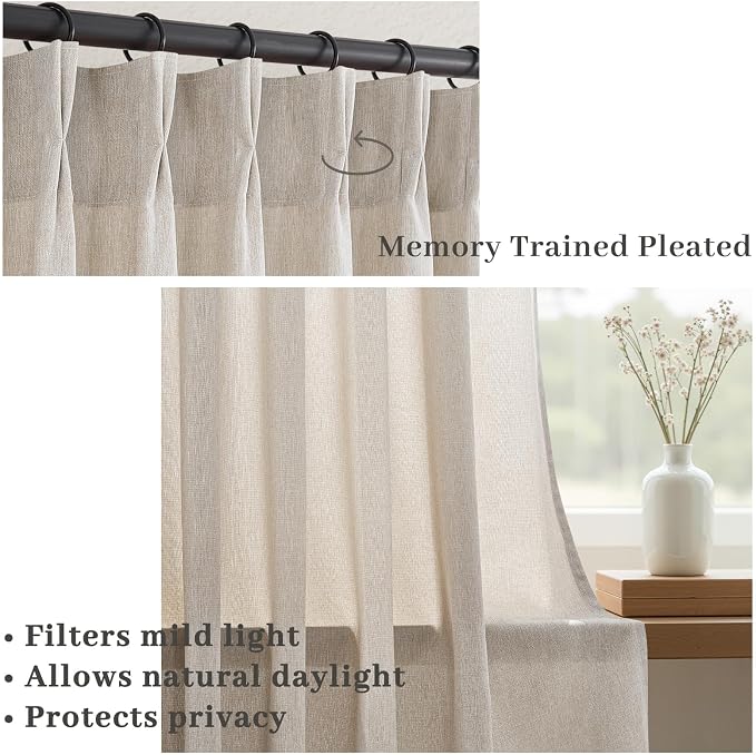 96 Inches Long Pinch Pleated Semi Sheer Curtains,Natural Linen Blended Light Filtering Window Curtains 96 Length for Living Room Bedroom Pinch Pleat Drapes with Hooks 2 Panels 72" Wx96 L