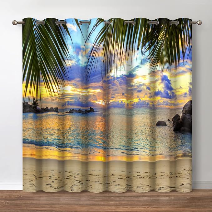 Jekeno Beach Sunset Blackout Curtains - Room Darkening Grommet Window Drapes Sunset Hawaiian Ocean Beachy Tropical Palm Tree Print Decor House Home Bedroom Living Room 2 Panel Set,52x63 in