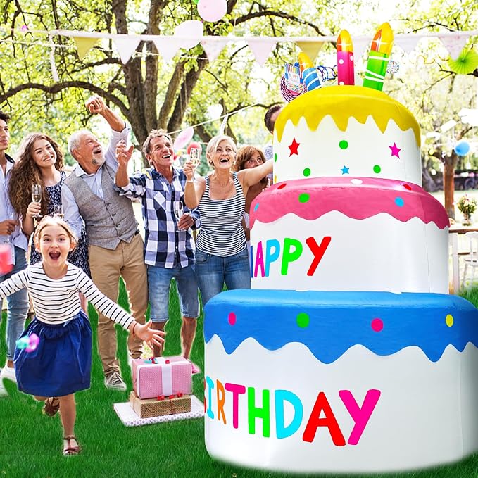 6 Ft Inflatable Happy Birthday Cake Decorations Outdoor Lighted Blow Up Holiday Birthday Party Decor with Candles 6 LED Lights for Indoor Home Celebration Garden Lawn Yard Prop Sign