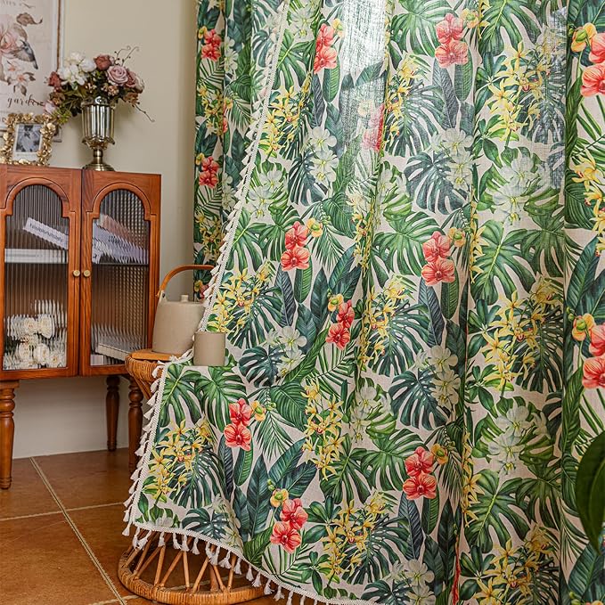 Deeprove Boho Curtains 2 Panels Set for Bedroom Living Room 63 inches Length Bohemian Light-Filtering Leaf Floral Plant Print Decorative Tropical Privacy Vintage Window Drapes 52W x 63L