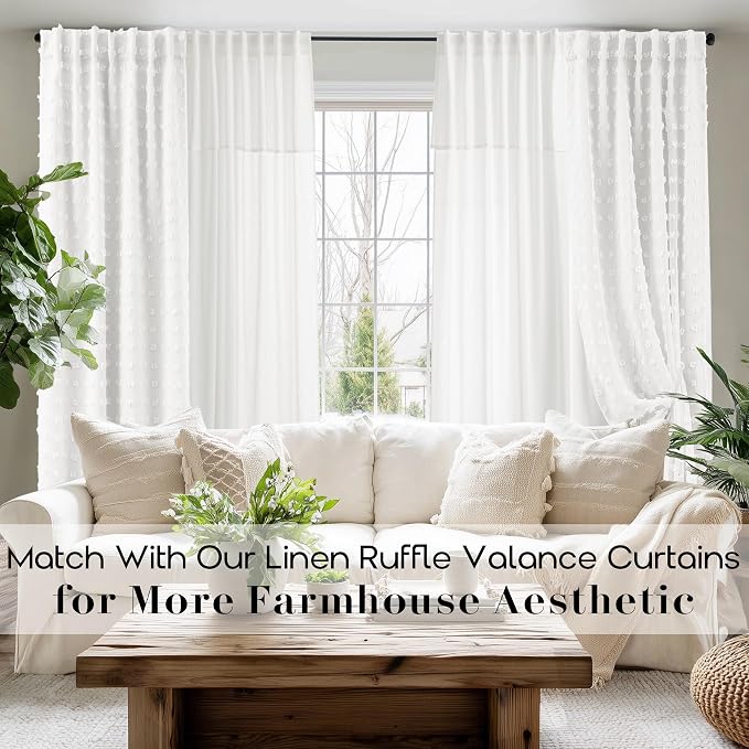 White Blackout Pleated Ruffle Curtains for Bedroom with Design,Room Darkening Pom Pom Textured Ruffled Farmhouse Boho French Country Decorative Curtains for Living Room 84 Inches Long