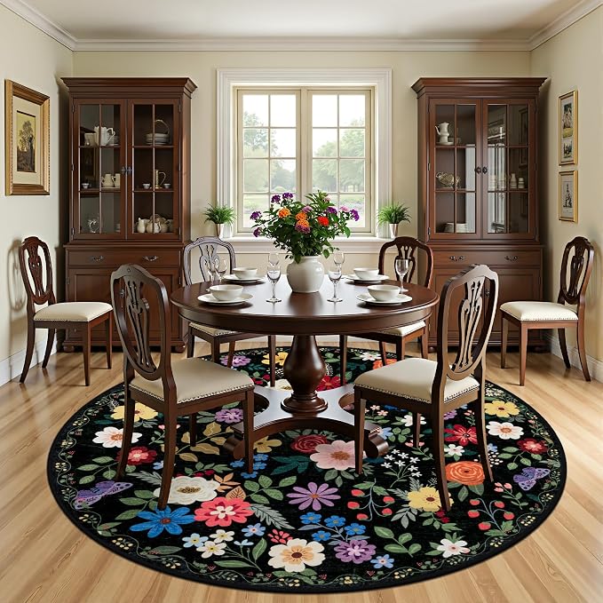 Round Area Rug for Living Room: 8 ft Floral Washable Circle Rug Soft Boho Non-Slip Carpet Indoor Floor Stain Resistant Low Pile Small Circular Rug for Bedroom Entryway Kitchen Nursery Black
