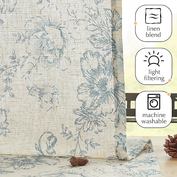 jinchan Floral Linen Tier Curtains Blue Flower on Beige Cafe Curtains 36 Inch Length Kitchen Living Room Bedroom Bathroom Farmhouse Rustic Country Rod Pocket 2 Panels