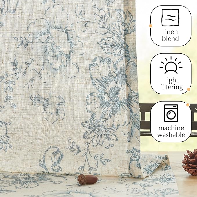 jinchan Floral Linen Tier Curtains Blue Flower on Beige Cafe Curtains 24 Inch Length Kitchen Living Room Bedroom Bathroom Farmhouse Rustic Country Rod Pocket 2 Panels