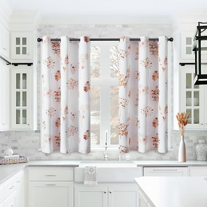 XTMYI Orange Curtains for Kitchen,Boho Colorful Floral Short Curtains for Window Bedroom,45 Inch Length Terracotta and Dark Blue