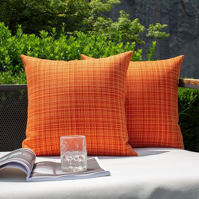 Kevin Textile Pack of 2 Decorative Outdoor Waterproof Fall Pillow Covers Square Garden Cushion Sham Throw Pillowcase Shell for Patio Tent Couch 24x24 Inch Orange
