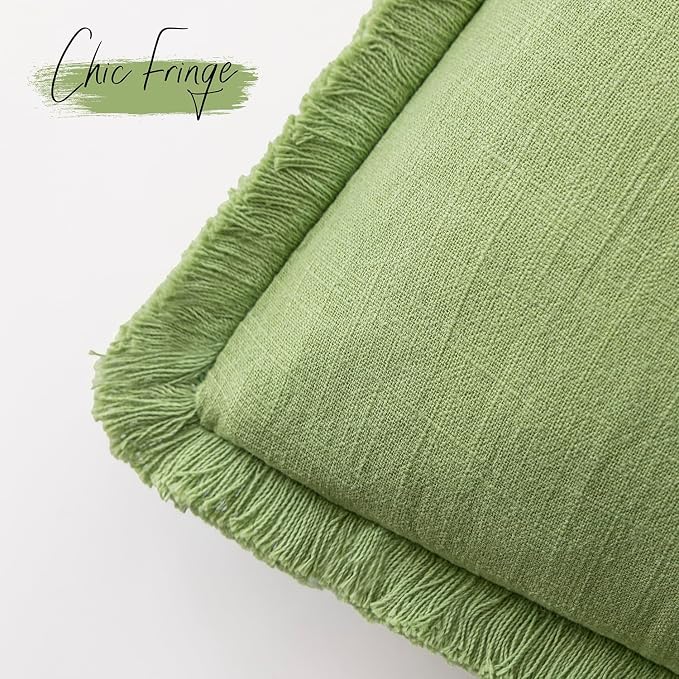 Foindtower Set of 2 Decorative Linen Fringe Throw Pillow Covers Cozy Boho Farmhouse Cushion Cover with Tassels Soft Accent Pillowcase for Couch Sofa Bed Living Room Home Decor,24×24 Inch,Lime Green