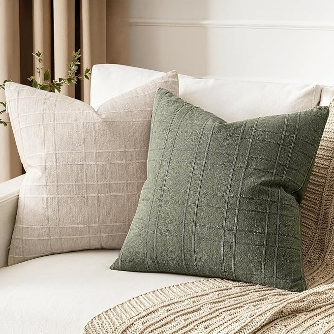 MIULEE Decorative Linen Check Euro Shams Throw Pillow Covers Neutral Farmhouse Vintage Spring Pillow Covers 26x26 Set of 2 Boho Modern Home Decor for Sofa Couch Bedroom Cushion Olive Green