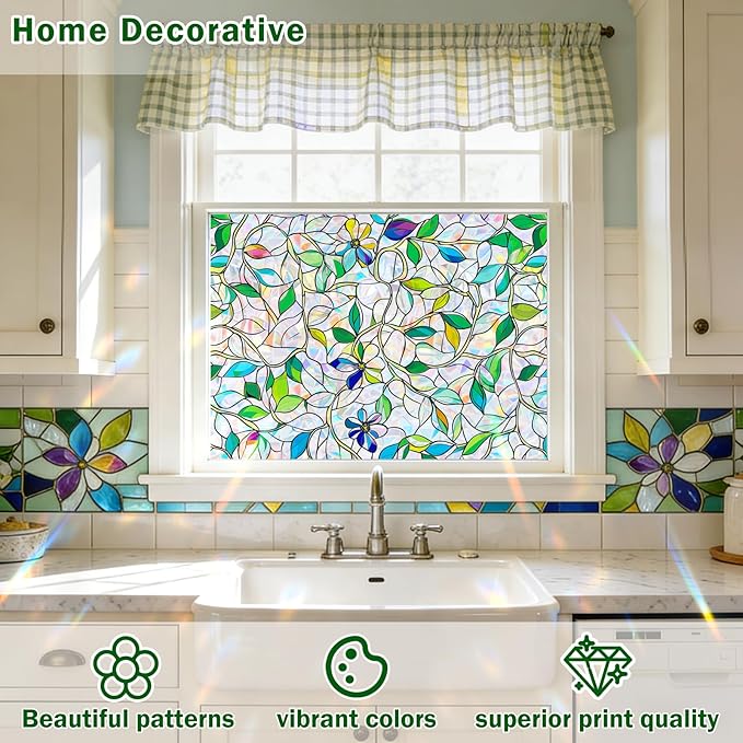 Stained Glass Window Film, Rainbow Privacy, One Way Decorative Tint, Static Cling, Renter Friendly for Home Bathroom Door
