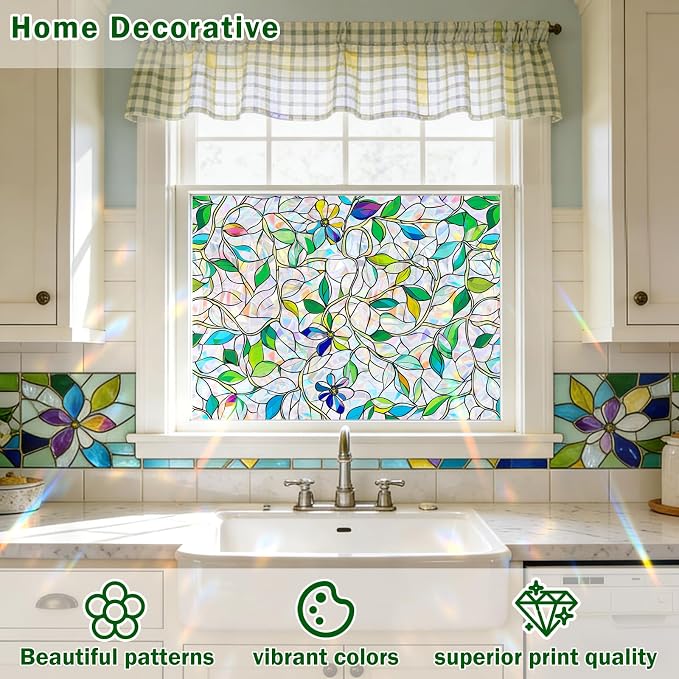 Stained Glass Window Film, Rainbow Privacy, One Way Decorative Tint, Static Cling, Renter Friendly for Home Bathroom Door