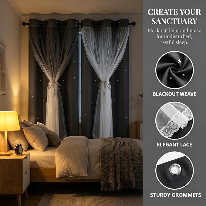 Blackout Curtains for Girl Bedroom/Living Room/Classroom, Sheer Overlay 63 Inches 2 Panel Set, Double Layer Curtains with Star Cutout for Kids Room(W 52 x L 63 Inches,Grey 2 Pcs)