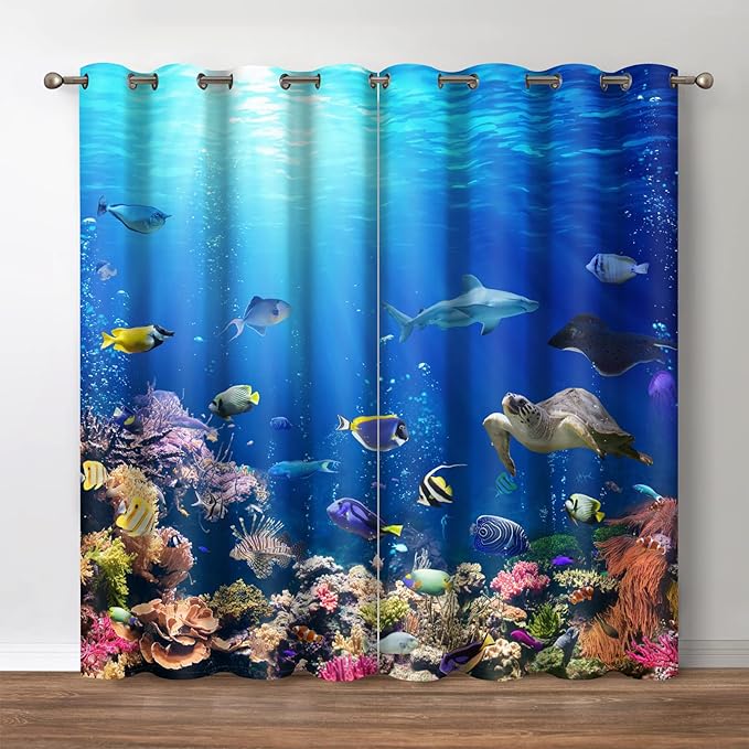 Jekeno Ocean Animal Blackout Curtains Underwater World Sea Turtle Shark Coral Fish Nature Landscape Print Decor Bedroom Living Room Darkening Grommet Window Drapes 2 Panel Set,Blue 42"x 63"