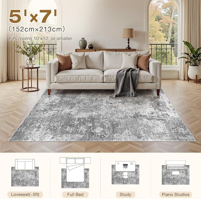 Area Rugs 5x7 Living Room: Washable Large Abstract Modern Neutral Soft Rug Stain Resistant Non-Slip Backing Carpet for Bedroom Dining Room Indoor Nursery Dorm Home Office Decor - Light Grey