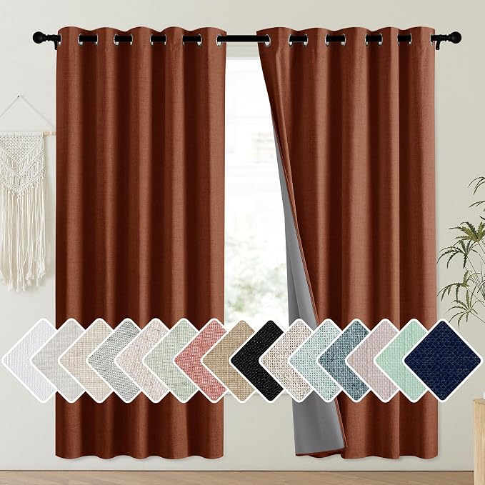 NICETOWN 100% Absolutely Blackout Linen Curtains with Thermal Insulated Liner, 62" Wide, 2 Panels, 72" Long Drapes, Grommet Retro Burnt Orange Linen Curtains Vertical Drapes Privacy for Bedroom