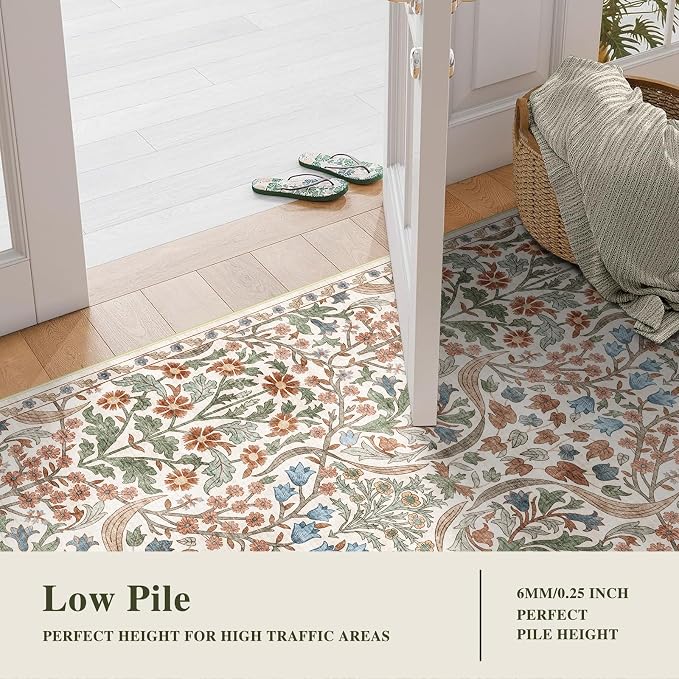 2x4 Washable Runner Rug Kitchen Hallway Area Rug Vintage Boho Floral Ultra Non-Slip Low Pile Soft Faux Wool Carpet Kids and Pets Friendly for Bathroom Bedroom Entryway Nursery Home Rug Beige