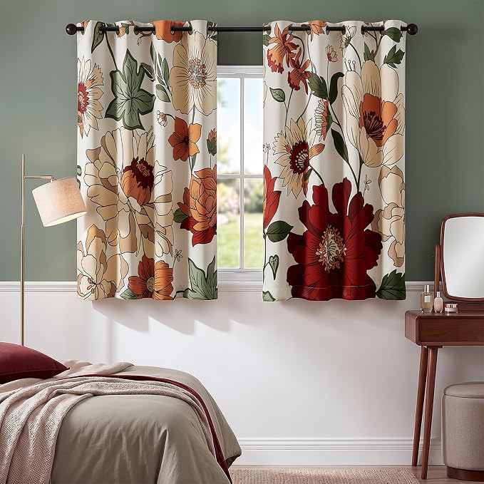 Lazzzy Floral Curtains for Bedroom Living Room Vintage Blackout Curtains 63 Inches Long Room Darkening Drapes Grommet Flower Patterned Window Treatments Set of 2 Panels, 50" x 63"