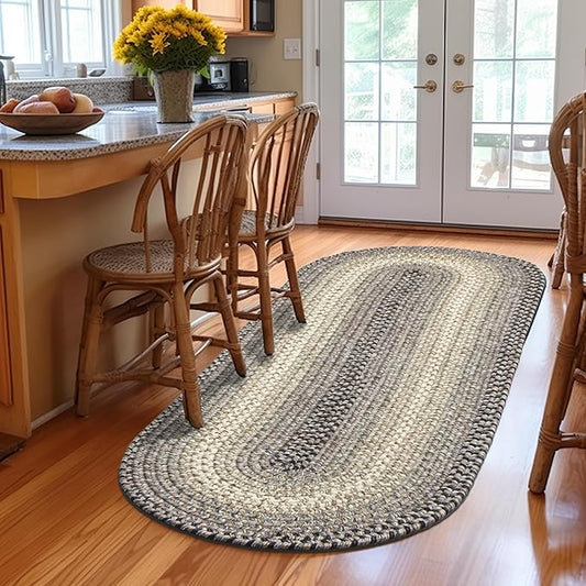 Super Area Rugs Braided Rugs Farmhouse Kitchen Rug - Ridgewood Gray Braided Rug for Living Room - Reversible - Indoor/Outdoor - Made in USA - Graphite/Beige, 2' X 6' Oval Runner
