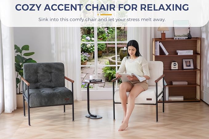 MAXYOYO Living Room Accent Chair, Modern Chair with Metal Frame | Upholstered Reading Chair Modern Living Room Chair with Support Cushion for Bedroom Balcony Porch, Dark Grey