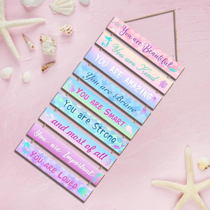 Mermaid Room Decor Set - 9 Pieces, Princess Bedroom Wall Decor, Inspirational Hanging Plaques for Kids & Nursery