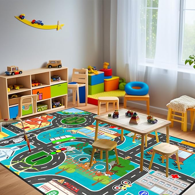 Car Rug Play Mat - Road Rug for Boys Room, Fun Race Track Car Car Carpet for Room Decor Road Carpet for Boys Playmat Bedroom Playroom Educational Learn Play Mat, 2.5x4 Feet