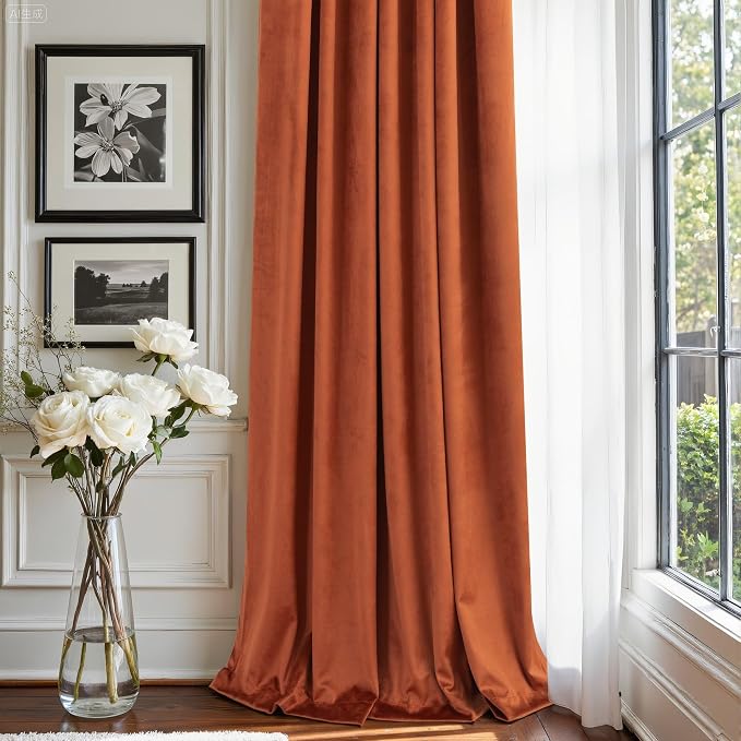 Terracotta Rust Curtains 96 Inches Long for Living Room Dining 2 Panel Back Tab Pocket Rustic Farmhouse Vintage Boho Velvet Curtain Blackout for Bedroom Funky Western Decor Terra Cotta Drape 96 Length