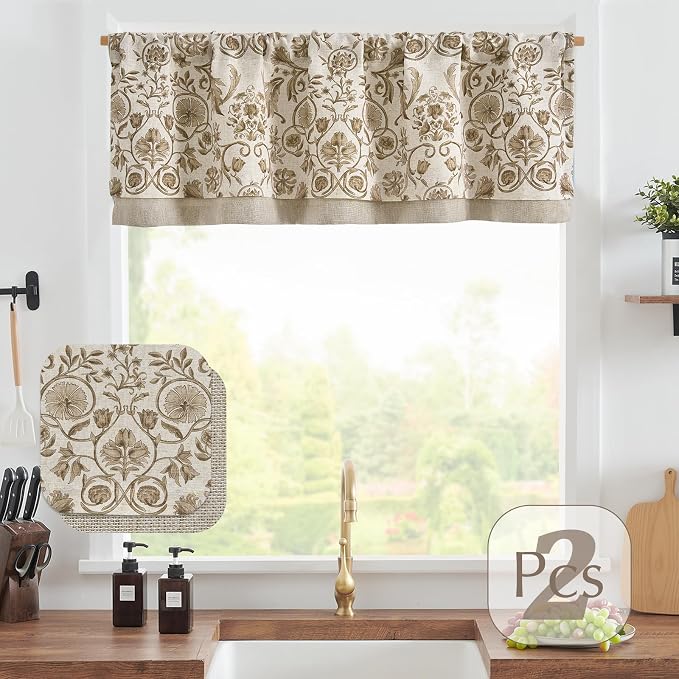 jinchan Linen Valance Kitchen Curtain Pack of 2 Double Layer 18 Inch for Living Room Bedroom Window Treatment Light Filtering Vintage Farmhouse Cottagecore Rod Pocket 2 Panels Taupe on Beige
