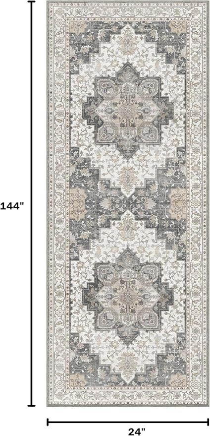 GENIMO 2x12 Runner Rugs for Hallway, Machine Washable Non Slip Vintage Rugs, Low Pile Lightweight Soft Print Rug for enrtyway, Corridor, Home Office, Kitchen, Heathered Grey