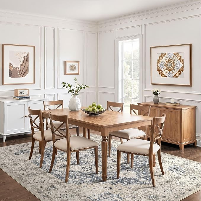 7x9 Area Rug Living Room: Washable Boho Large Neutral Vintage Soft Rug Stain Resistant Distressed Farmhouse Non-Slip Indoor Floor Carpet for Bedroom Nursery Kids Office Dining Room- Brown Blue