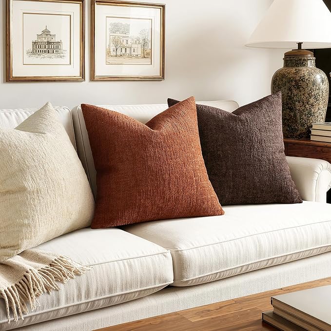 MIULEE Decorative Throw Pillow Covers 20x20 Pack of 2 Rust Couch Pillow Covers Fall Soft Cozy Textured Chenille Pillowcases for Home Decor Sofa Living Room Cushion Bedroom