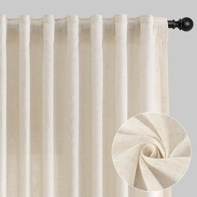 Aersas Birch Beige Linen Curtains 120 Inches Length for Living Room Flax Texture Wave Fabric Semi Sheer with Rod Pocket Back Tab for Bedroom Balcony Light Filtering Neutral Home Decor 52x120