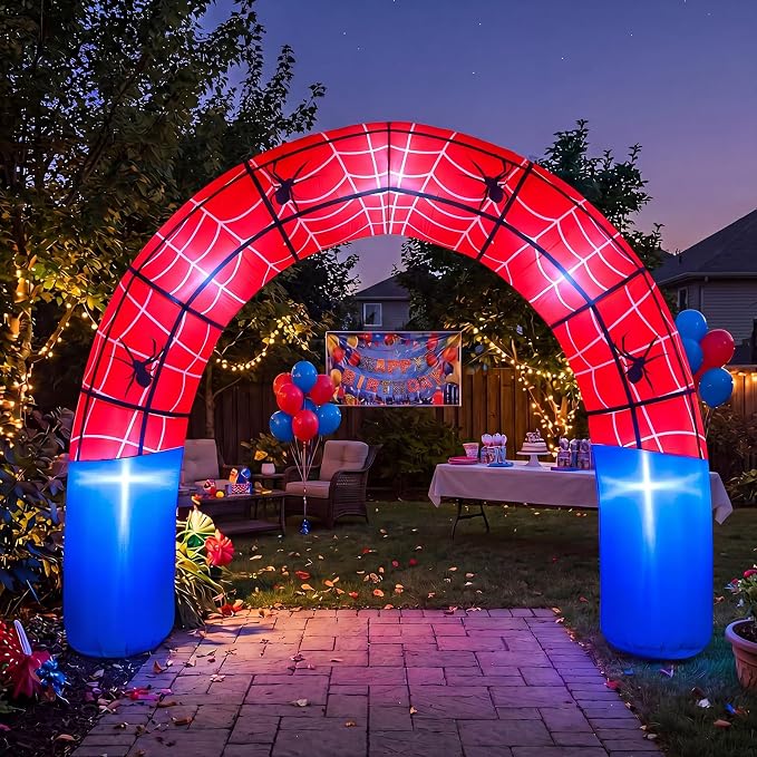 Jenaai 8ft Giant Spider Web Inflatable Arch Blow up Inflatable Outdoor Yard Decorations with Built in LED Lights Red Spider Web Theme Birthday Party Decor for Garden Lawn
