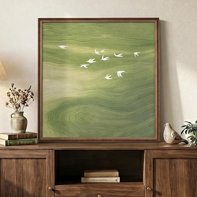 Vintage Framed Green Abstract Wall Art, Modern Minimalist Sage Green Canvas Prints Artwork for Walls, Rustic Square Birds Pictures for Living Room Bedroom Dining Room Bathroom Wall Decor, 24x24 In