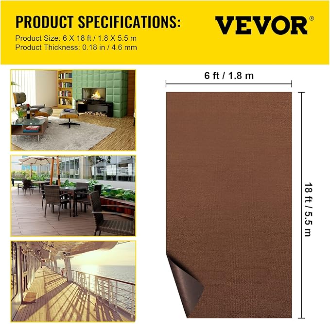 Happybuy 6 ft x 18 ft Deep Brown Marine Carpet for Boats Waterproof - 0.18" Thick Indoor Outdoor Rug Carpet Roll for Home Patio Porch Deck