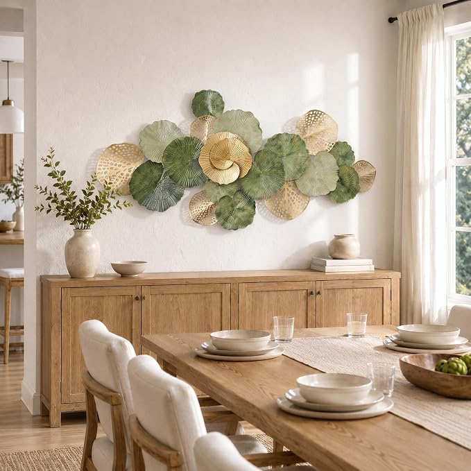 Axioglo 51" Large Wall Decor 3D Lotus Leaf Metal Wall Art for Living Room | 51" x 25" metal wall decor with layered metal texture, mounting hardware, two-way display